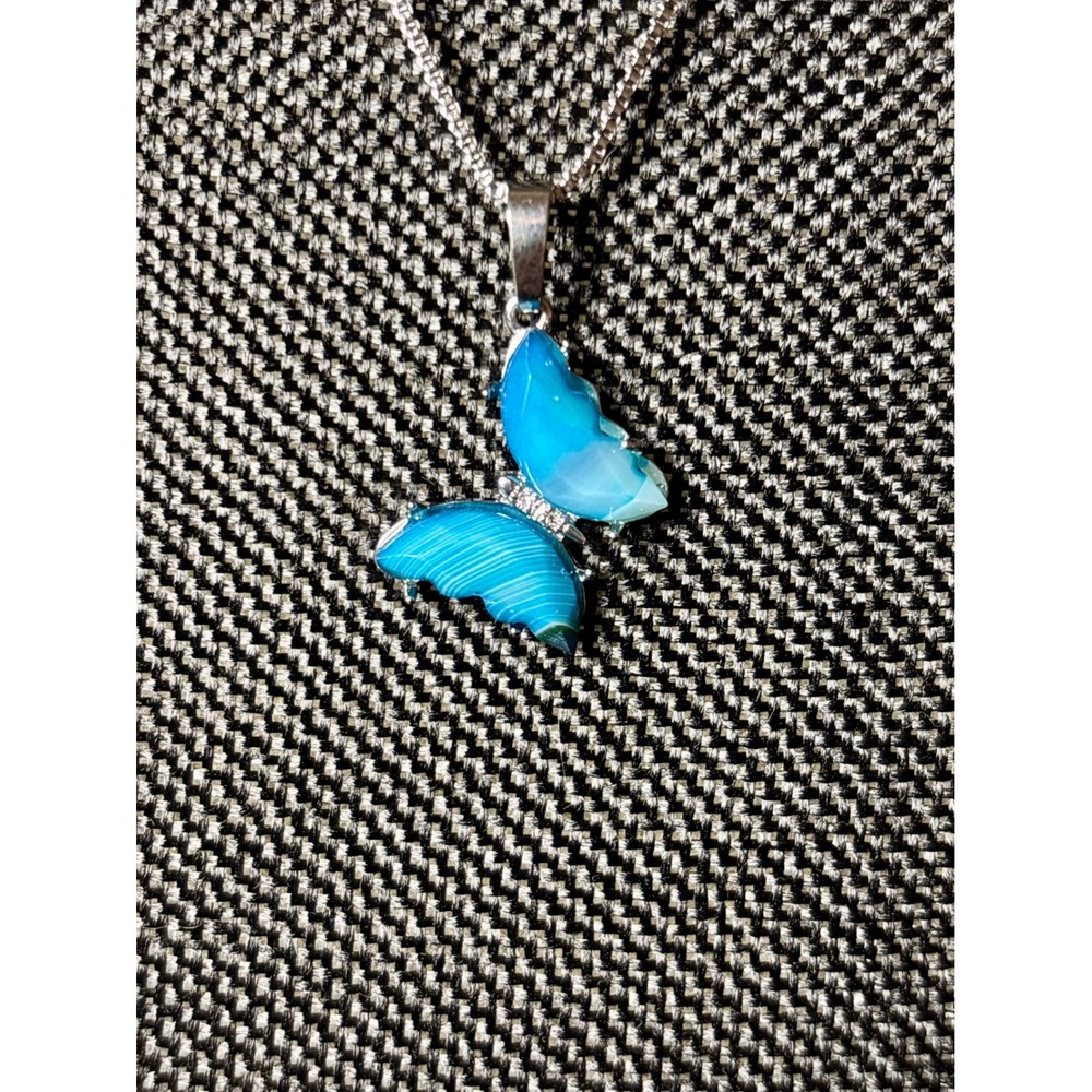 Blue Banded Agate Butterfly Pendant Necklace Stainless Steel Box Chain Silver